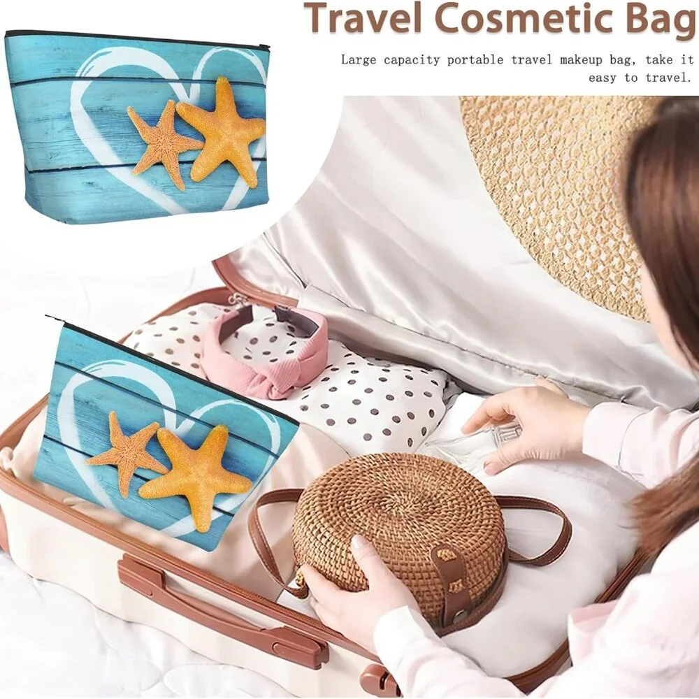Beach Starfish Cosmetic Bag Coastal Blue Wooden Makeup Bags,Travel Make up Bags - Picture 5 of 8
